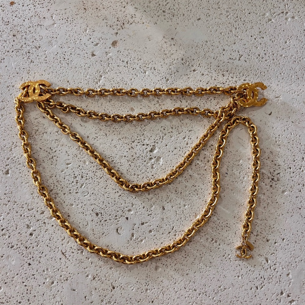 Authentic CHANEL gold plated CC triple chain hanging belt vintage 80cm - Picture 9 of 10